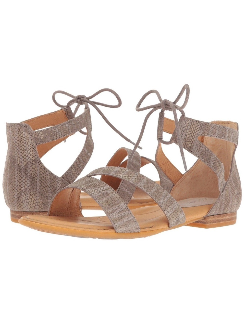 Born Casma Size 10 Women Ankle Tie Sandals Embossed Snake Leather Taupe Gray
